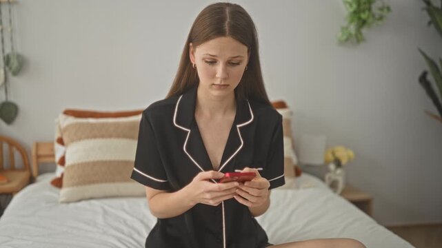 Young woman on bed in pajamas holding a red smartphone, left hand open palm and right hand gripping phone, brow furrowed in a bedroom of a building; frustration.