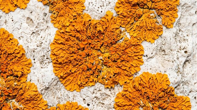 Orange lichen colonies on white coastal limestone rock, macro texture