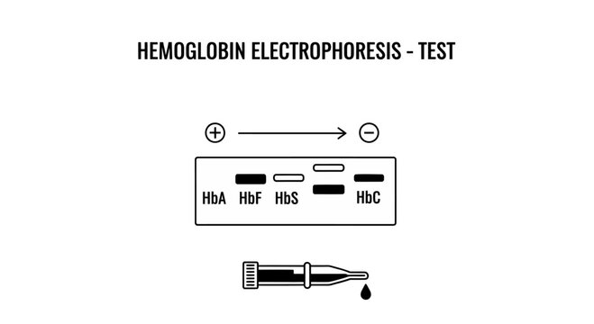 Hemoglobin Electrophoresis Test line art vector illustration with HbA, HbF, HbS, and HbC bands, blood sample pipette, medical laboratory analysis concept