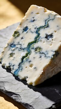 French Roquefort cheese on a slate board highlighting intricate damp blue-green mold veins and creamy texture
