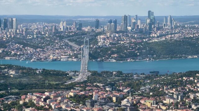 City skyline view of Istanbul with bridge over water and buildings