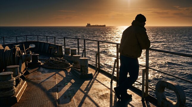 Silhouette of sailor on ship deck leaning on railing and looking at distant tanker at sunset