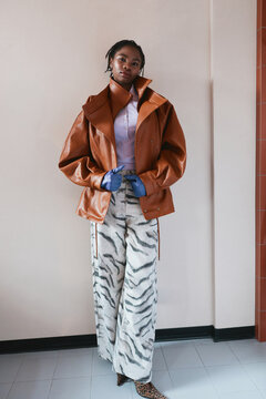 Studio Fashion Portrait Black Woman in Trendy Outfit