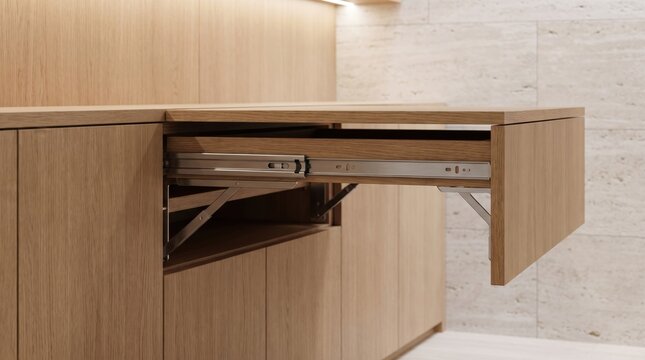 Modern wooden kitchen cabinet with a pullout hidden table mechanism and integrated metal sliding rails for spacesaving furniture design