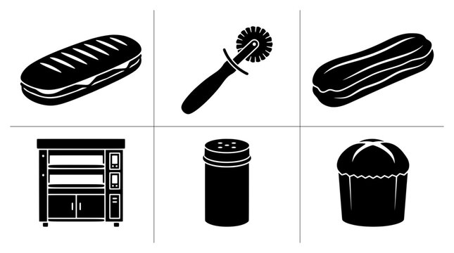 Bakery and food silhouettes set with sandwich, eclair, pizza cutter, oven, salt shaker and muffin for menu