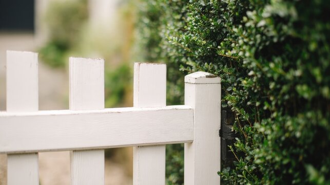 White painted garden gate with green hedge, inviting outdoor entrance concept