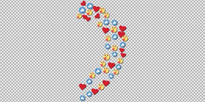 Curved stream of social media like and heart on transparent