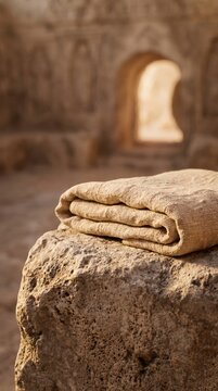 Folded linen cloth on stone slab in an empty rock tomb. Empty tomb of Jesus Christ and the Resurrection. Christianity, Catholic faith and Easter concept. Biblical religious symbolism.