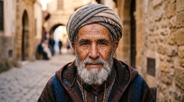 Portrait of an elderly bearded man wearing a wrapped head covering in a stone alley. Jesus Christ and Catholic religious subject. Biblical character portrayal and faith concept.