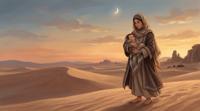 Mary holding the infant Jesus in a desert landscape. Nativity story and Christian faith. Biblical illustration of motherhood, care and devotion. Religious art with open copy space.