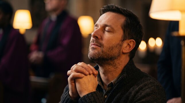 Man praying with clasped hands inside Catholic church. Jesus Christ and Christian faith. Personal devotion, worship and prayer. Religion, spirituality and reflection.