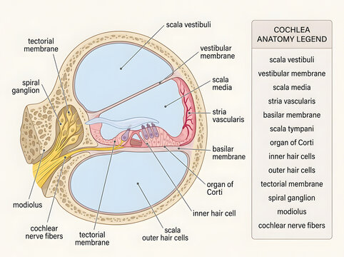 Cochlea cross section anatomy diagram illustrates internal ear structures and sensory hair cells.
