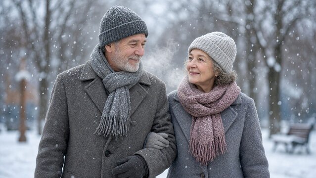 Couple de seniors fran&ccedil;ais marchant ensemble sous la neige dans un parc en hiver, souriants et complices