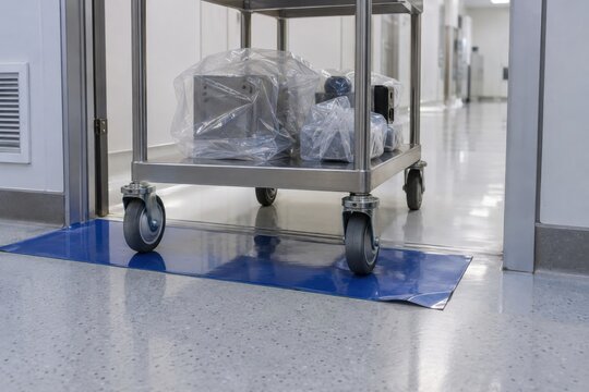 Bagged aerospace hardware rides on a small clean transport trolley with its front wheels over a blue tacky mat at a cleanroom doorway