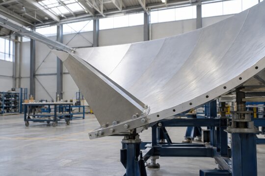 Large curved parabolic antenna reflector segment rests on a workshop assembly jig with a supported rib along its bolted metal edge