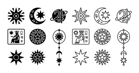 Mystical Celestial Symbols Vector Collection, Esoteric Astrology Icons Set, Ancient Alchemy Sun and Moon Line Art Graphics © MdMahmudulHasan