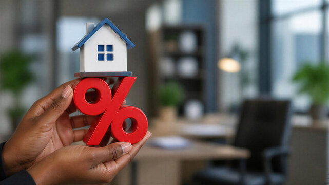 african american hands hold 3d wooden house and Percentage sign on a blurred office background, free space for text, real estate agent holding sold sign