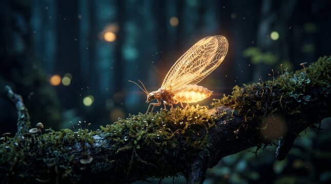 Glowing Firefly Macro Insect Resting on Mossy Branch, Magical Glowing Insect in Enchanted Dark Night Forest Background