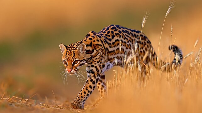 Wild ocelot leopard cat walking through golden dry grass