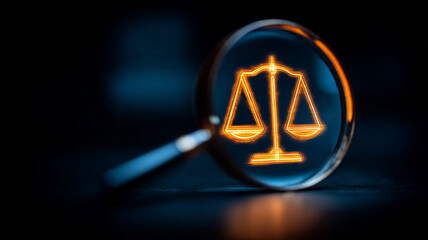 A magnifying glass focused on the scales of justice illustrates legal investigation and the assessment of fairness in judicial decisions. 