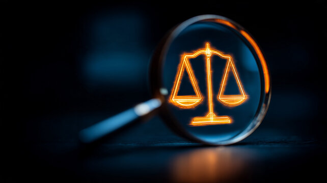 A magnifying glass focused on the scales of justice illustrates legal investigation and the assessment of fairness in judicial decisions.
