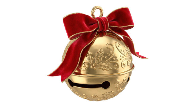 Christmas jingle bell ornament with polished metal body, festive red bow motif and refined holiday detailing, photorealistic product photography, three-quarter close-up view, sharp focus, premium 8K