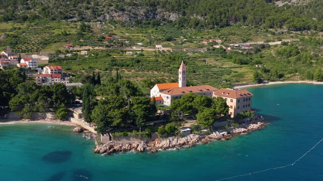 Beautiful drone view of the historic Dominican monastery on the island of Brac in Croatia