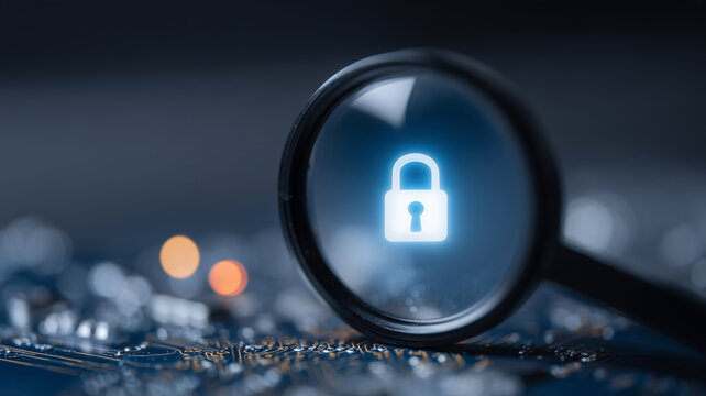 A magnifying glass focused on a padlock above electronic circuits illustrates cybersecurity inspection and digital access protection.
