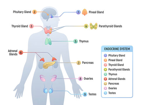 Human endocrine system anatomy diagram features labeled glands and hormones on blue body silhouette.