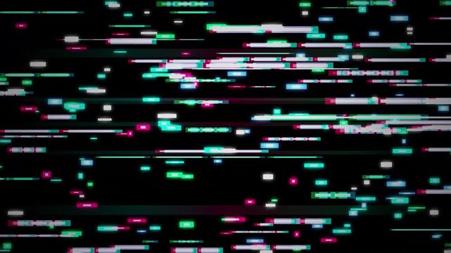 Static interference on a digital screen, abstract pattern of horizontal lines and glitches in vibrant neon colors.
