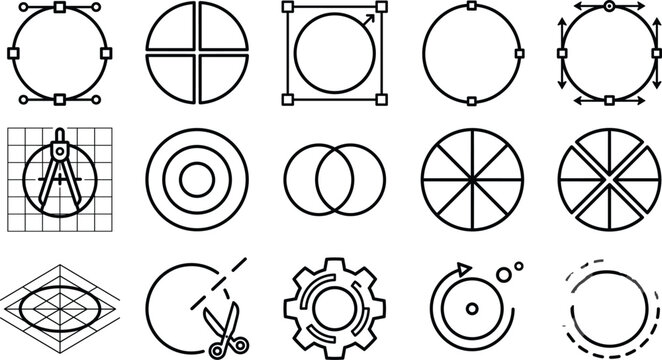 Graphic Design Geometry and Vector Editing Icon Set with B&eacute;zier Curves Circle Segments Grid System and Drafting Tools for Creative Software Interfaces
