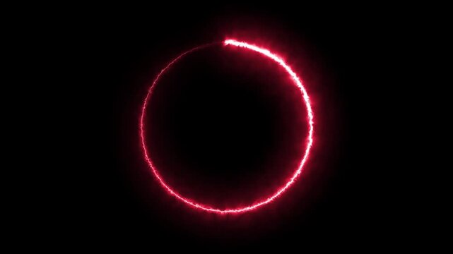 Glowing circle of light animation on black background. Neon light animated glowing circle loading icon. Circle frame loading neon light rotation