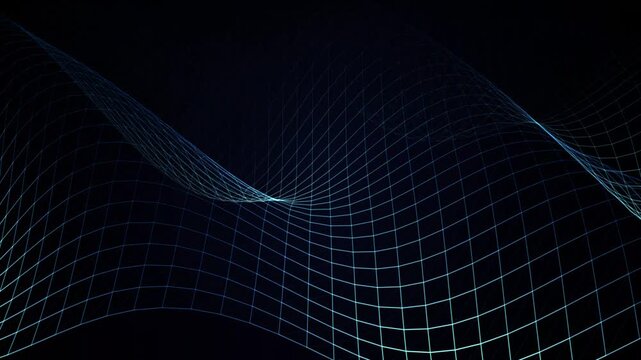 Abstract glowing blue wireframe grid forming a curved wave pattern on a dark background, representing digital network and technology concepts.