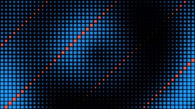 An abstract digital pattern of glowing blue squares and scattered red dots creates a futuristic and dynamic background.