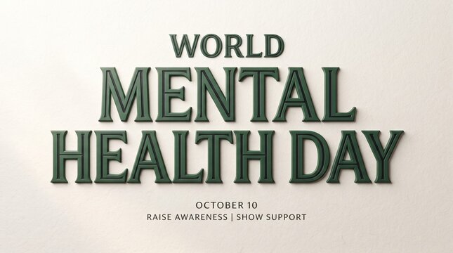 World Mental Health Day typography on textured background, October 10 awareness banner, green 3D lettering for wellness campaign