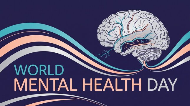 World Mental Health Day banner with anatomical brain illustration, mental health awareness graphic on dark blue background, psychological wellness concept