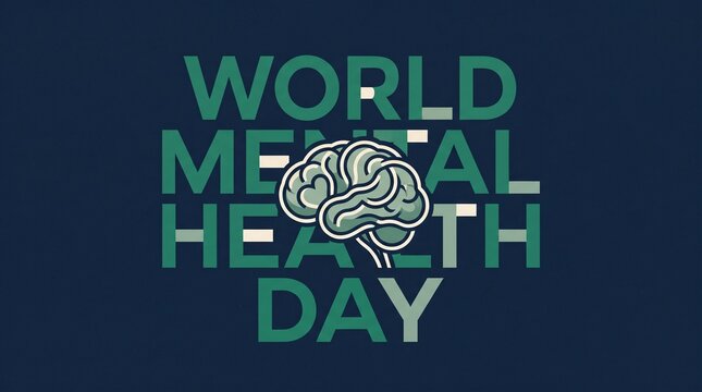 World Mental Health Day awareness graphic, stylized human brain illustration on dark blue background, healthcare and wellness campaign poster