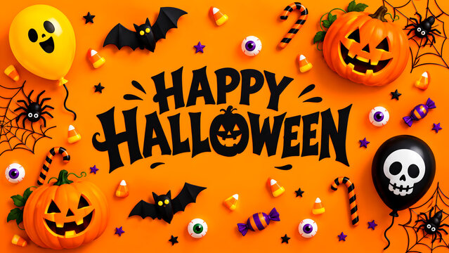 Happy halloween typography surrounded by scary jack o lanterns flying bats colorful candies spooky balloons creepy spiders eyeball props and festive decorations arranged flat lay on vibrant orange bac