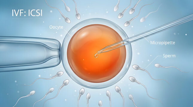 Medical illustration of IVF and ICSI procedure with labeled oocyte and sperm