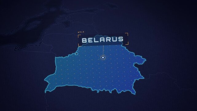 Digital map of Belarus with glowing borders and geographic data interface.