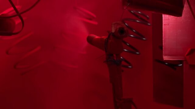 Robotic powder coating gun sprays red paint onto hanging coil springs in glowing paint booth