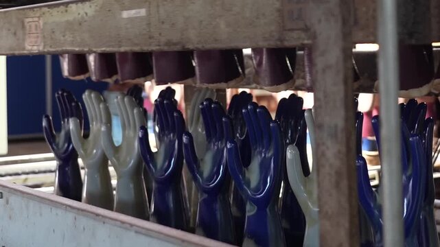 Blue and white ceramic hand formers with knit cuffs hanging upside down and moving along a glove dipping line