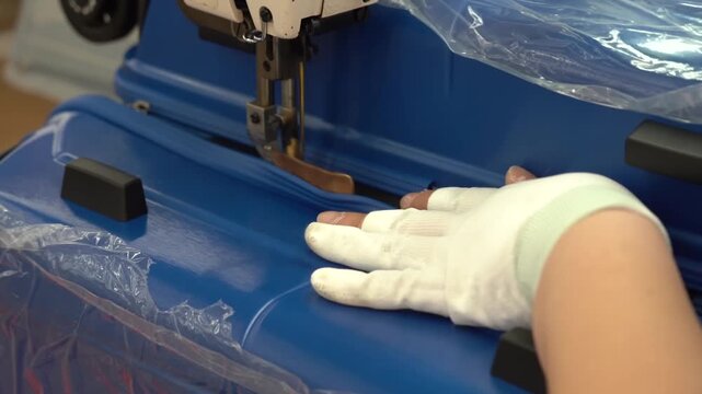 Gloved hand guiding blue suitcase shell under industrial sewing machine needle while stitching