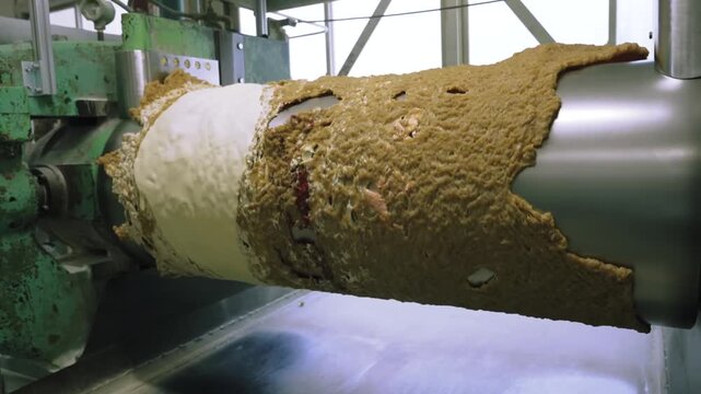 Rough brown rubber compound sheet rotating around a steel roller of a two-roll mixing mill in a rubber band factory