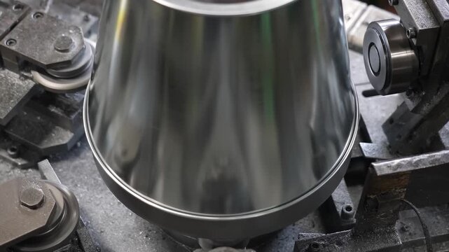 Shiny galvanized steel bucket rotating as rollers curl and seam its rim on a forming machine in a Japanese metal bucket factory