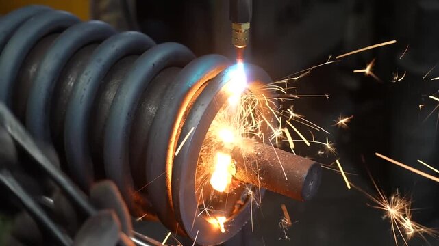 Worker cutting excess end of hot coil spring with gas torch while sparks fly and red glow appears on steel