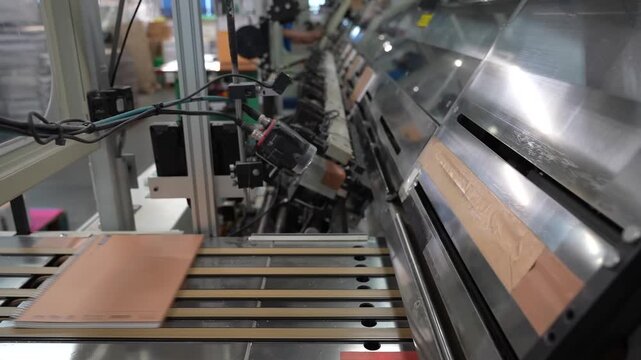 Spiral bound notebooks with kraft covers moving on conveyor belts past sensors on automated stationery production line