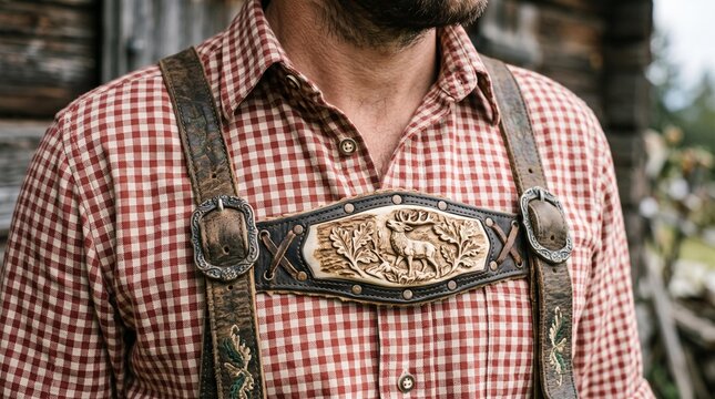 Bearded man wearing red gingham shirt and ornate leather suspenders with decorative chest panel in rustic outdoor setting