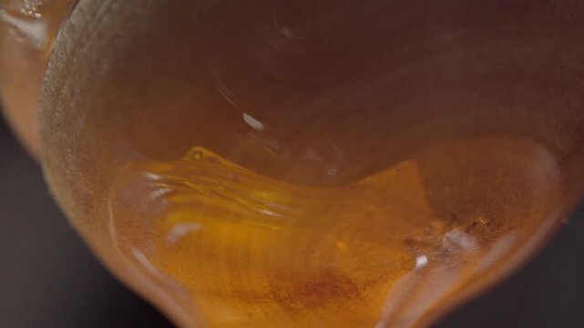 Macro close up of golden honey coating a wooden honey dipper showing glossy texture and thick liquid consistency with warm amber tones in detailed view.