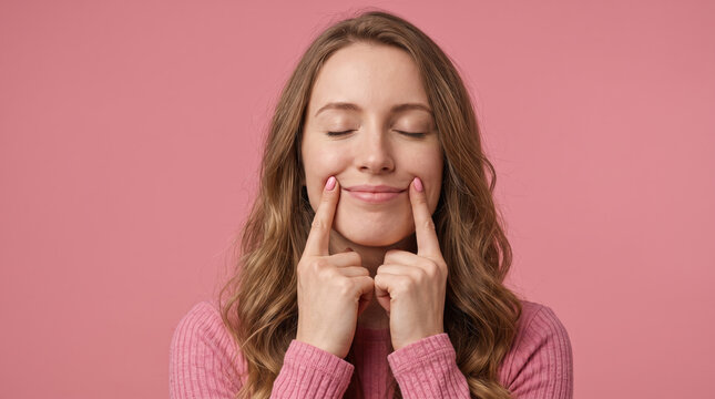 Woman with closed eyes uses her fingers to shape an exaggerated smile, radiating playful joy, contentment and serene well being against a soft pink studio background